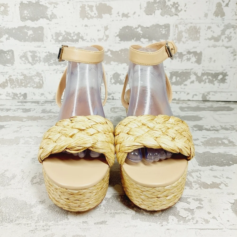 NEW Marc Fisher Steel Jute Raffia Buckle Ankle Strap Summer Sandals H757